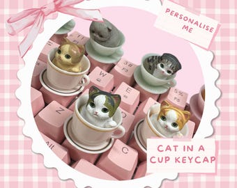Kawaii Cat in Teacup Artisan Keycap: Custom Keyboard Accessory