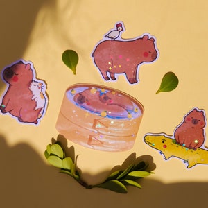 Capybara & friends (stickers) |  cute holographic, handmade water-resistant vinyl stickers for laptops, journals, water bottles and more