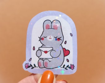 Sad bunny sticker | cute holographic, handmade water-resistant vinyl stickers for laptops, journals, water bottles & more