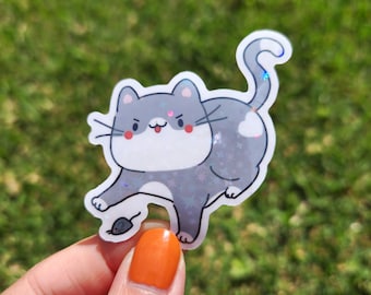 Grey cat and mouse friend sticker | cute vinyl decal, handmade water-resistant stickers for laptops, journals, water bottles and more