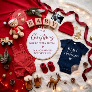 Christmas Baby Boy Pregnancy Announcement: Winter Holiday Reveal (Editable Canva Template Digital Download)
