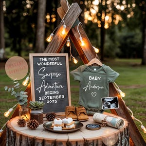 Adventure Camping Pregnancy Announcement Digital Outdoor Mountain Baby Boy Baby Girl Editable Template Social Media Gender Reveal Camping