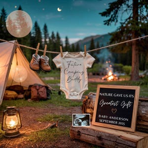 Adventure Pregnancy Announcement Digital Outdoor Mountain Baby Boy Baby Girl Reveal Editable Template Social Media Gender Reveal Camping