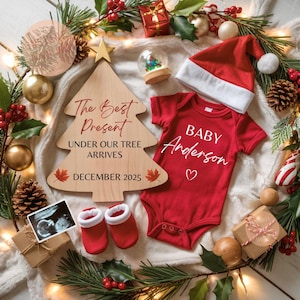 Anuncio de embarazo navideño Anuncio digital de bebé de diciembre Revelación de género neutro para redes sociales El mejor regalo bajo el árbol