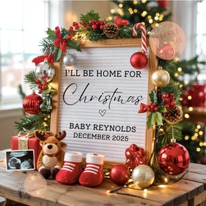 Faire-part de grossesse numérique de Noël prévu pour décembre Faire-part de bébé de Noël non sexiste Je serai à la maison pour Noël