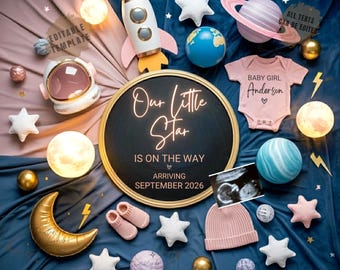 Space Baby Girl Pregnancy Announcement Digital Space Themed Digital Baby Reveal Over the Moon Tiny Astronaut Gender Reveal Our Little Star