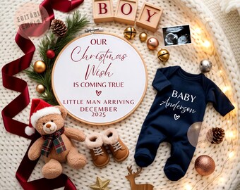 Christmas Baby Boy Digital Pregnancy Announcement Editable Christmas Wish Baby Boy Reveal Little Brother or Final Baby Winter Announcement