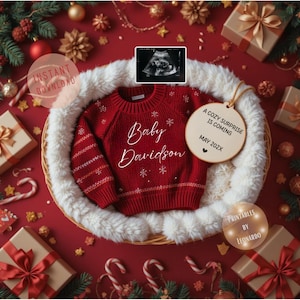 Faire-part de grossesse numérique de Noël pour bébé Modèle modifiable pour bébé de décembre, grossesse neutre en matière de genre révèlent rouge Noël bébé chemise