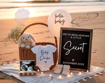 Beach Pregnancy Announcement: Gender Neutral Social Media Reveal (Digital Template Canva Editable)