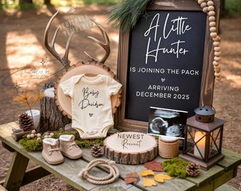 May include: A rustic baby announcement scene with a chalkboard sign that reads "A Little Hunter is Joining the Pack Arriving December 2025." Includes a baby onesie, ultrasound image, and small boots. The onesie says "Baby Davidson."