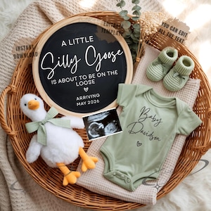 Puede incluir: Un conjunto de anuncio de bebé en una cesta de mimbre. Incluye una pizarra con el texto "A Little Silly Goose is About to be on the Loose", un ganso de peluche, un body de bebé, botines y una imagen de ultrasonido. El body dice "Baby Davidson".