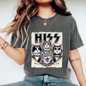 Retro Cat Lover Garment-Dyed T-shirt, Kiss Rock Band Tee, Unisex Music Shirt, Vintage Cat Graphic, Rocker Cat Gift, Cat Mom Dad Gift