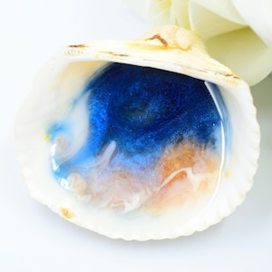 May include: A seashell with a blue, white and orange resin inlay. The resin has a swirling, marbled effect.