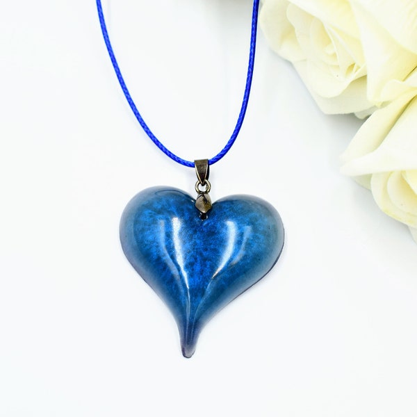 Deep Blue Heart Shaped Pendant Necklace | Handmade Epoxy Resin Jewelry Perfect Birthday, Anniversary, Mothers Day or Surprise Gift