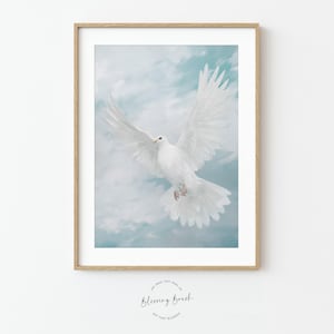 Peace Dove Fine Art Print, Holy Spirit Dove in Sky, Soft Blue Christian Minimalist Wall Art, Christian Home Decor, Unframed Giclée Print