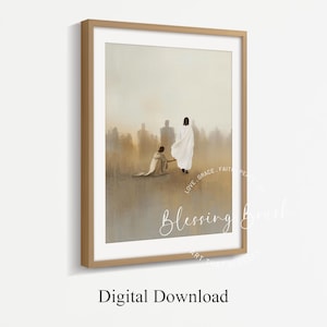 Jesus Healing the Woman of Faith, Woman Touch Jesus, Neutral Christian Wall Art, Bible Art, Modern Christian Painting, Digital Download