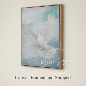 Holy Spirit Dove Framed Canvas, Peaceful White Dove in Sky, Soft Blue Christian Wall Art, Baptism Gift, Modern Wood Frame Decor