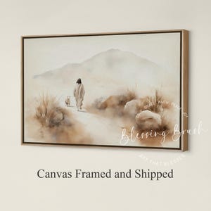 Lost Sheep Found Framed Canvas, Jesus The Good Shepherd Christian Wall Art, Minimalist Neutral Watercolor Painting, Landscape Wood Frame