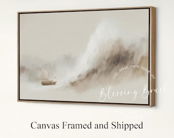 Peace Be Still Storm – Jesus Calms the Storm Framed Canvas, Minimalist Christian Wall Art, Modern Beige Faith Decor