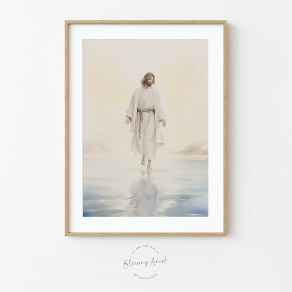 Jesus Walks On Water, Jesus Calms Storm Peace Be Still, Christian Wall Art Watercolor Painting Printable, Faith Miracle Bible Art Matthew 14