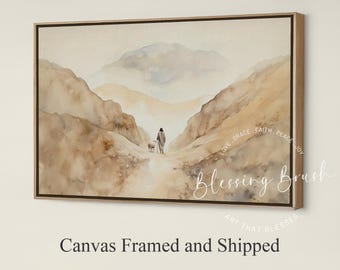 The Lord Is My Shepherd Framed Canvas in Landscape, Psalm 23 Jesus Walking With Sheep Christian Art, Neutral Watercolor Painting, Wood Frame