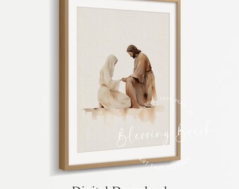 Jesus cura uma mulher doente, pintura em aquarela de Jesus curando-a, uma mulher curada, arte de Jesus, arte cristã para parede, arte com versículo bíblico, arte da fé