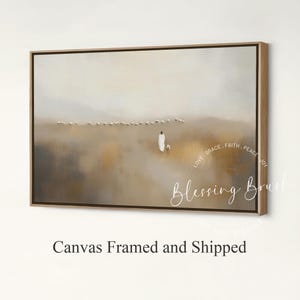 Jesus Leaves The 99 & Found Lost Sheep Framed Canvas, Good Shepherd, Neutral Minimalist Painting, Christian Wall Art, Decor Gift, Wood Frame