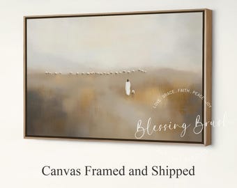 Jesus Leaves The 99 & Found Lost Sheep Framed Canvas, Good Shepherd, Neutral Minimalist Painting, Christian Wall Art, Decor Gift, Wood Frame