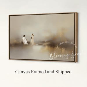 Jesus And Samaritan Woman At The Well Framed Canvas, Christian Wall Art, Living Water Bible Story, Neutral Minimalist Painting, Wood Frame