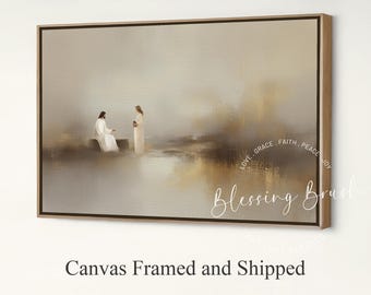 Jesus And Samaritan Woman At The Well Framed Canvas, Christian Wall Art, Living Water Bible Story, Neutral Minimalist Painting, Wood Frame
