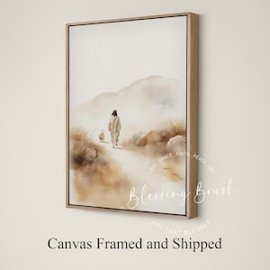 Jesus Found Lost Sheep Framed Canvas, Good Shepherd Christian Wall Art, Jesus Leaves The 99, Neutral Watercolor Painting, Wood Frame