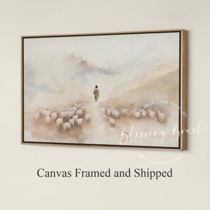 Good Shepherd Framed Canvas, Jesus with Sheep in Peaceful Pasture, Jesus leaves the 99, Neutral Christian Wall Art Home Decor, Wood Frame