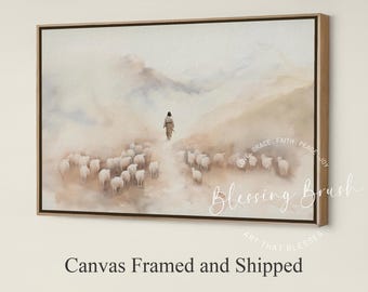 Good Shepherd Framed Canvas, Jesus with Sheep in Peaceful Pasture, Jesus leaves the 99, Neutral Christian Wall Art Home Decor, Wood Frame