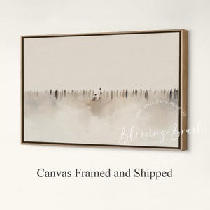 May include: Framed canvas art print with a minimalist design. The artwork features a soft, neutral colour palette with a blurred landscape and figures. The words "Love, Grace, Faith, Peace, Joy" are written on the right side of the canvas.
