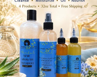 Complete Herbal Hair Growth Routine Bundle, 4-Step Wash Day Set with Shampoo, Rice Water Aloe Leave-In, Batana Oil & Floral Elixir, 32oz