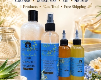Complete Herbal Hair Growth Routine Bundle, 4-Step Wash Day Set with Shampoo, Rice Water Aloe Leave-In, Batana Oil & Floral Elixir, 32oz