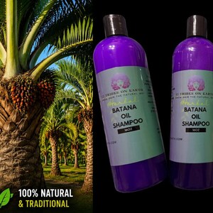 May include: Image features Batana Oil Shampoo bottles with a purple hue, set against a backdrop of palm trees. The bottles have a label that reads "Batana Oil Shampoo" and the text "Nourishes Scalp & Skin" and "100% Natural & Traditional".