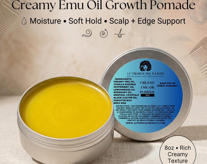 Creamy Emu Oil GROWTH Pomade 8oz | Natural Hair Pomade for Women, Dry Scalp Moisturizer and Soft Styling Pomade, All Hair Types LeaveIn