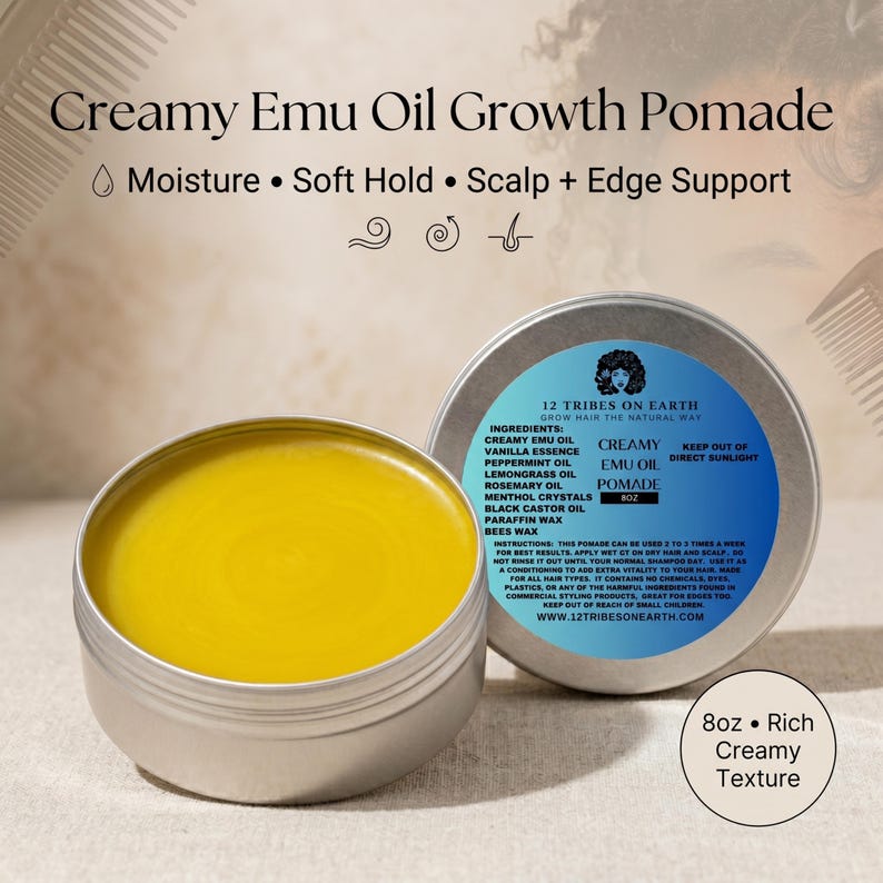 May include: A round silver tin containing yellow Creamy Emu Oil Growth Pomade. The label lists ingredients including emu oil, vanilla, peppermint, lemongrass, rosemary, menthol, castor oil, paraffin, and beeswax. The product is 8oz with a rich texture.