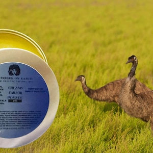 May include: A round, open tin of hair pomade with a blue label and text, next to a brown emu bird in a grassy field. The pomade tin is silver with a yellow interior. The emu is walking in the grass.
