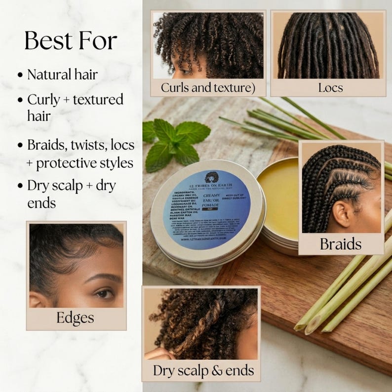 May include: A round metal tin of 12 Tribes on Earth Creamy Hair Pomade with a blue label, placed on a wooden board with lemongrass stalks and mint leaves. Surrounding images show hair textures including curls, locs, braids, and styled edges.