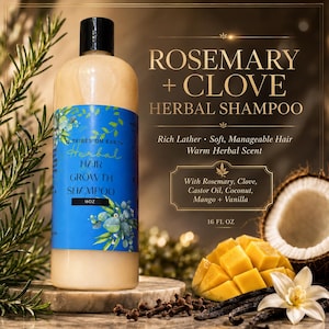 May include: A clear plastic bottle of 12 Tribes on Earth Rosemary + Clove Herbal Shampoo with a black cap. The blue label features text including Herbal Hair Growth Shampoo and 16 oz. The bottle is surrounded by rosemary, mango, coconut, and vanilla.