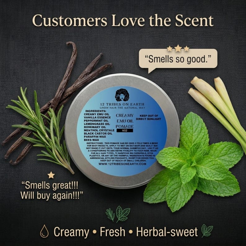 May include: A round tin of 12 Tribes on Earth Creamy Emu Oil Pomade with a blue label listing ingredients like emu oil, vanilla, peppermint, and lemongrass. It is surrounded by vanilla beans, rosemary sprigs, and mint leaves on a black background.