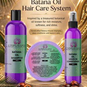 May include: A Batana Oil Hair Care System set featuring a 16oz purple bottle of shampoo, an 8oz purple jar of deep conditioner, and an 8oz purple spray bottle of leave-in conditioner. Each container features a green label with the 12 Tribes on Earth logo.