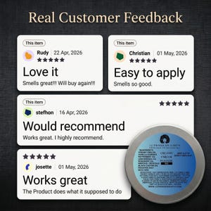 May include: A round silver tin of 12 Tribes on Earth Creamy Emu Oil Pomade with a blue label featuring ingredients and instructions, displayed alongside four white customer review cards with five-star ratings and text feedback on a dark background.