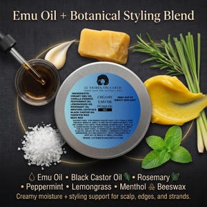 May include: A round metal tin of 12 Tribes on Earth Creamy Emu Oil Pomade surrounded by ingredients including a block of beeswax, a dropper of oil, white salt crystals, fresh rosemary, lemongrass, and mint leaves on a dark textured background.