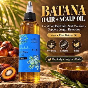 May include: A clear plastic bottle of Batana Hair + Scalp Oil with a black applicator cap. The blue label features the text Batana Hair + Scalp Oil, 4 oz, and Raw Batana Oil. The bottle contains a golden liquid and is labeled 4 oz.