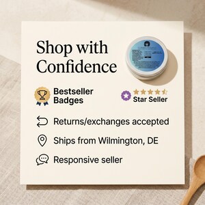 May include: A square informational graphic titled Shop with Confidence featuring a round metal tin of Creamy Emu Oil, a gold trophy icon for Bestseller Badges, a purple star icon for Star Seller, and text listing returns, shipping from Wilmington, DE, and responsive seller.