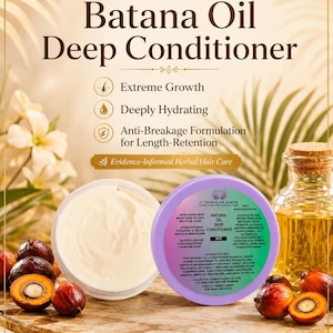 May include: A jar of Batana Oil Deep Conditioner with a white cream texture and a purple lid featuring product details. The label lists ingredients and directions. Surrounding the jar are whole and halved brown palm fruits on a stone surface.