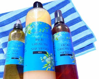 Paquete de champú, elixir y spray para el crecimiento del cabello